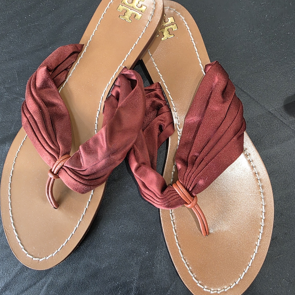 Tory Burch Satin Knot Flip Flop Sandals in Burgundy with Tan Footbed